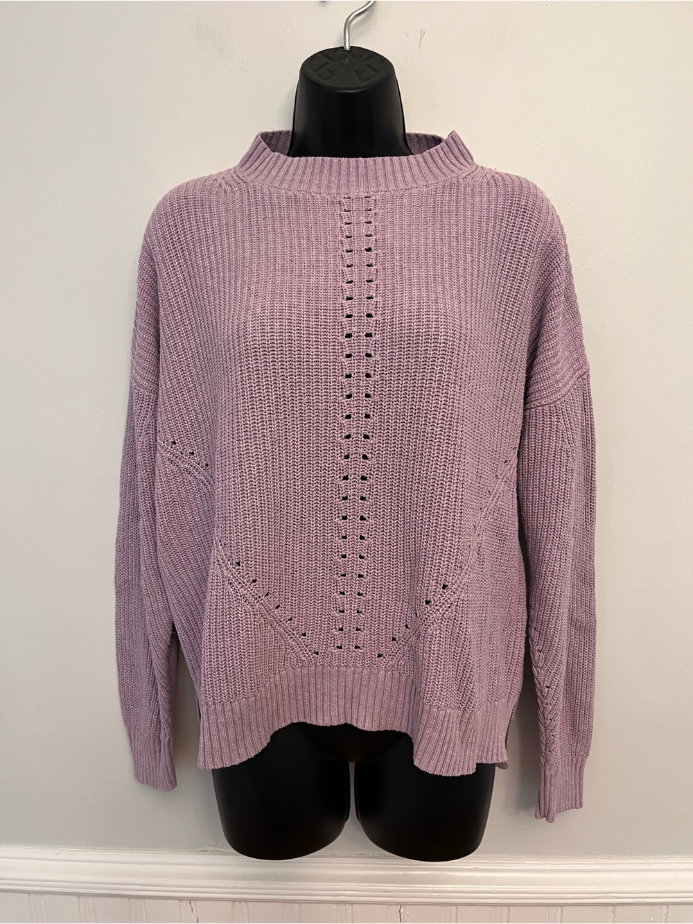 Fat Face Lilac Mock Neck Pointelle Knit Pullover Sweater, Size 10